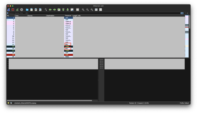 Wiresharkのパケット監視画面