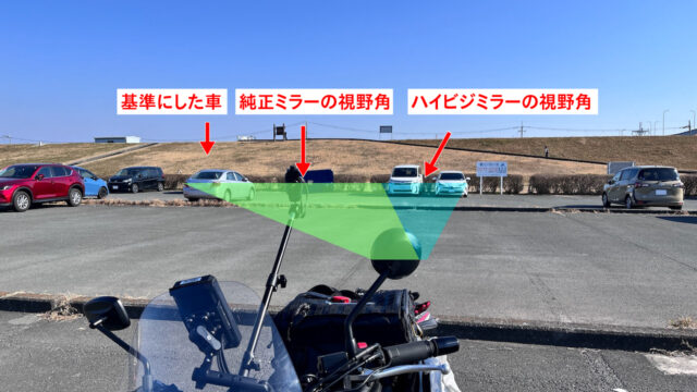 CL500純正ミラーとハイビジミラーの視野角の比較